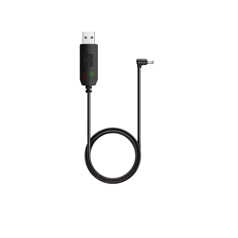 Black usb charging cable with usb-a connector and 90-degree dc barrel jack for baofeng walkie talkie desktop charger