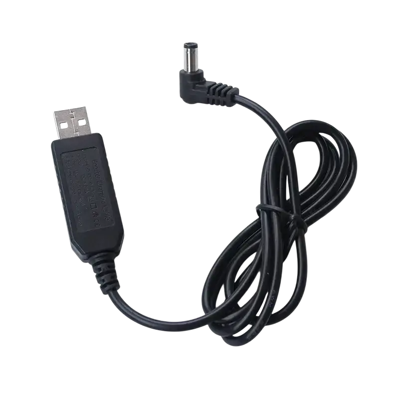Black usb charging cable with usb-a connector and angled barrel plug for baofeng walkie talkie desktop charger