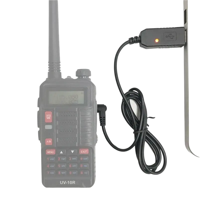 Black usb charging cable for uv10r walkie talkie with coiled cord and compact connector featuring orange led indicator