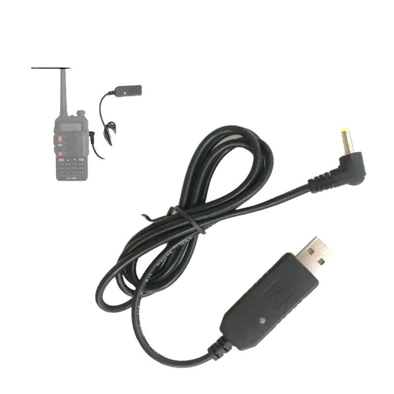 Black usb charging cable with usb-a connector and angled barrel jack for uv10r walkie talkie charging use