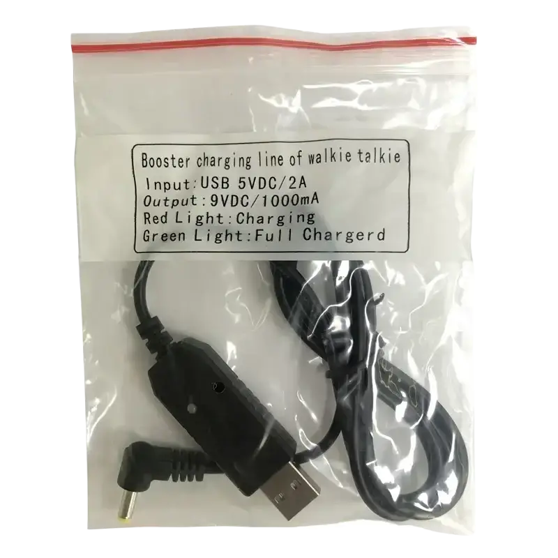 Black usb charging cable with 9v booster, red led indicator, and angled dc plug for uv10r walkie talkie charging