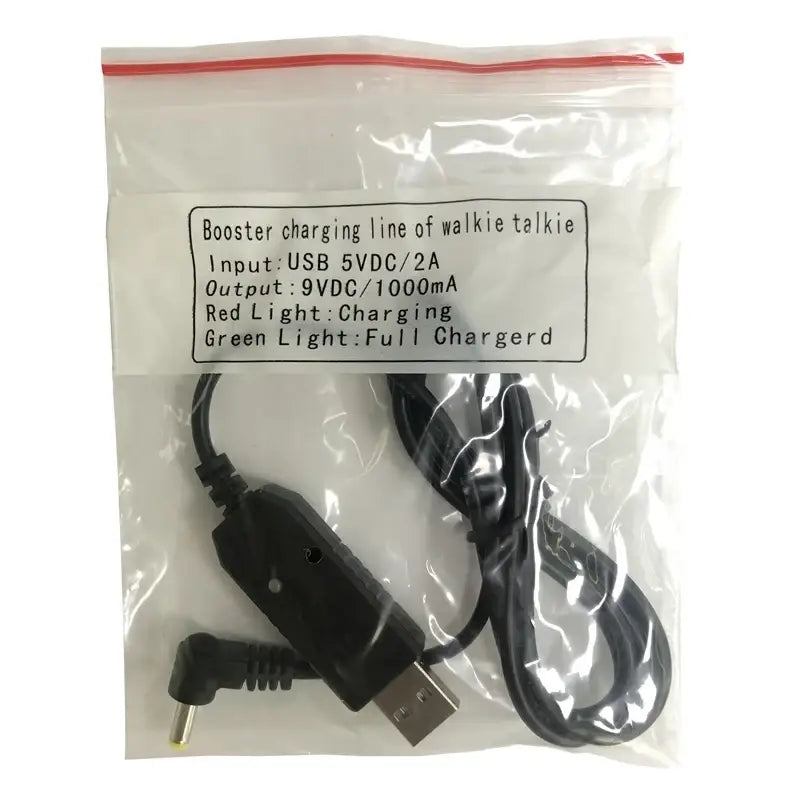Black usb charging cable with red led and angled dc connector for uv10r walkie talkie booster charging
