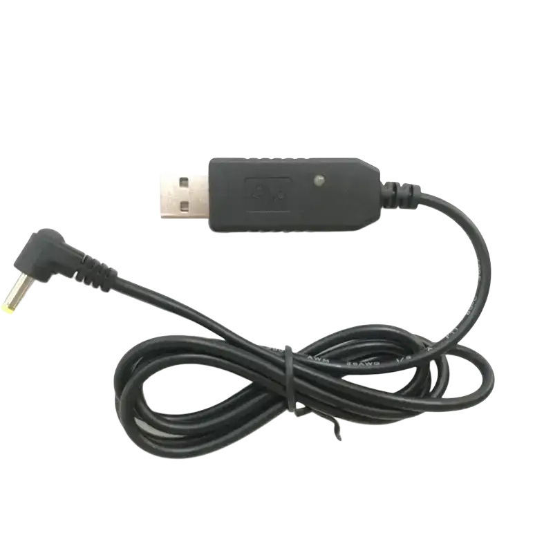Black usb charging cable for uv10r walkie talkie with right-angle connector and usb-to-ac power adapter design