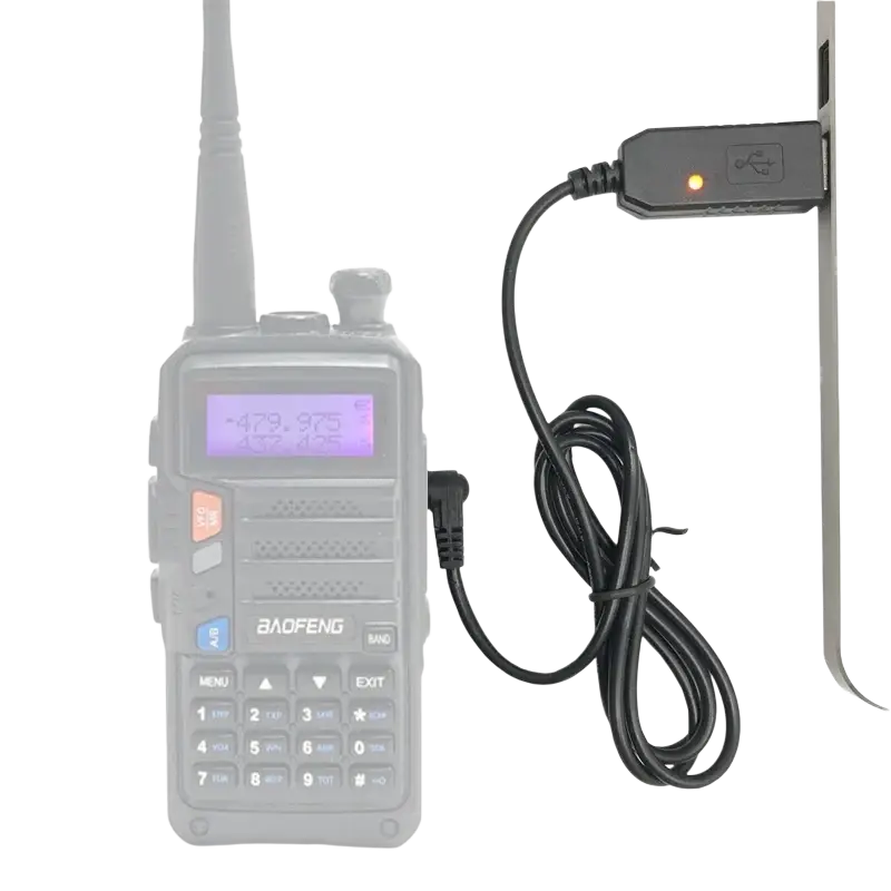 Black usb charging cable with illuminated orange indicator connected to baofeng uv10r walkie talkie via coiled cable