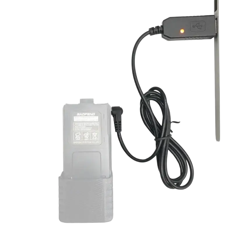 Gray plastic usb charging cable with black cord and illuminated power indicator for uv10r walkie talkie charger