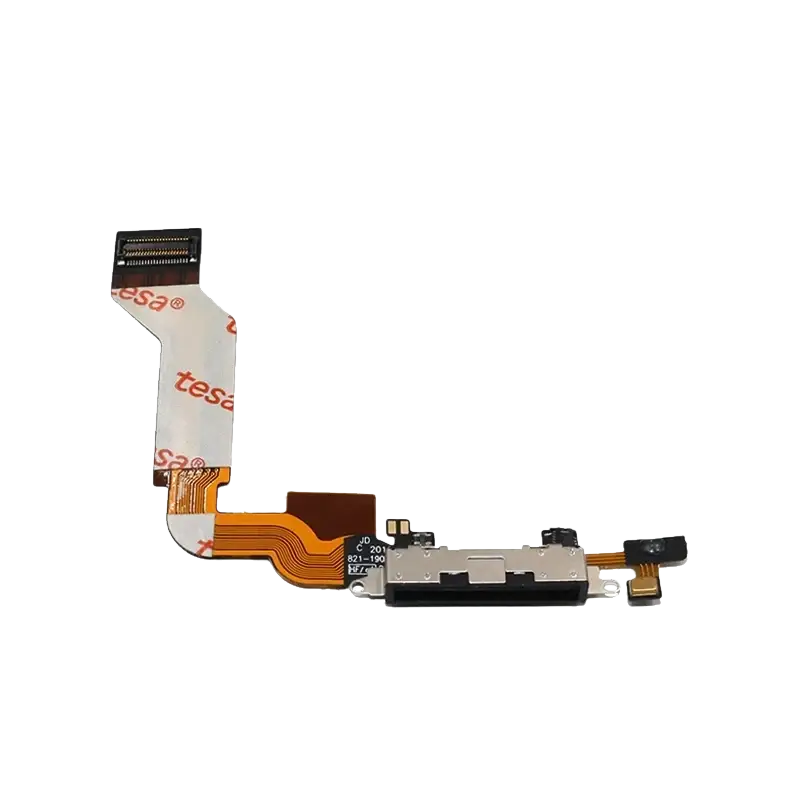 Black flexible usb charging dock flex cable for iphone 4 4s with gold traces and silver metallic connector for charging dock