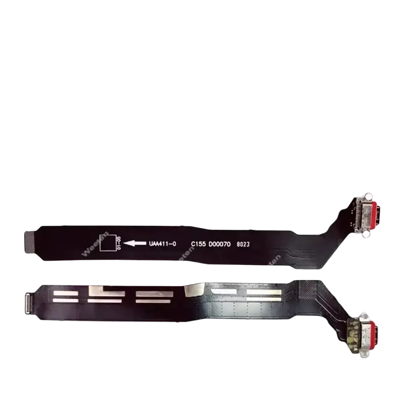 Black flexible usb charging dock flex cable with metallic connectors and printed identifiers for oneplus nord series