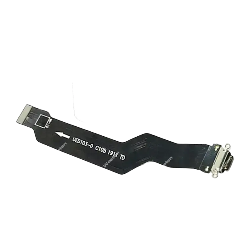 Black usb charging flex cable for oneplus 2 with silver metallic connectors and printed white labeling