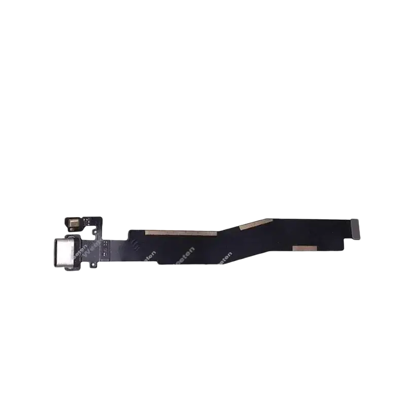 Black usb charging flex cable for Oneplus 2 with metallic connectors and printed text on flexible circuit board