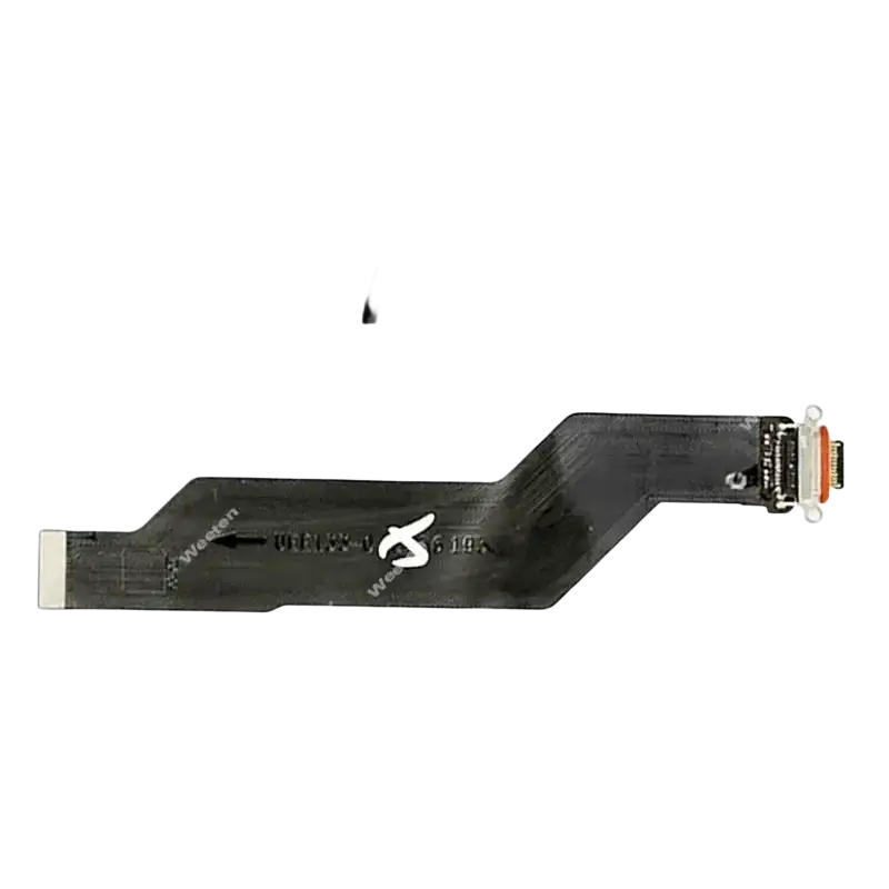 Black flexible usb charging flex cable with usb-c connector and white printed markings for Oneplus 2 device