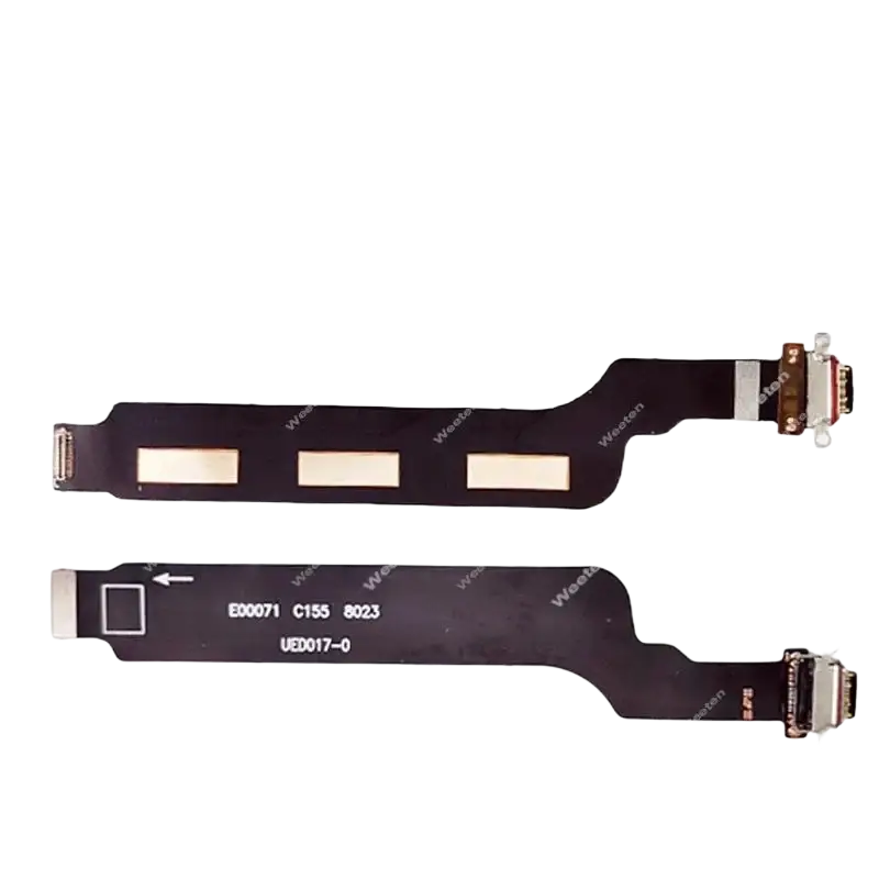 Black usb charging flex cable with metallic usb port connectors and three gold adhesive strips for Oneplus 6t use
