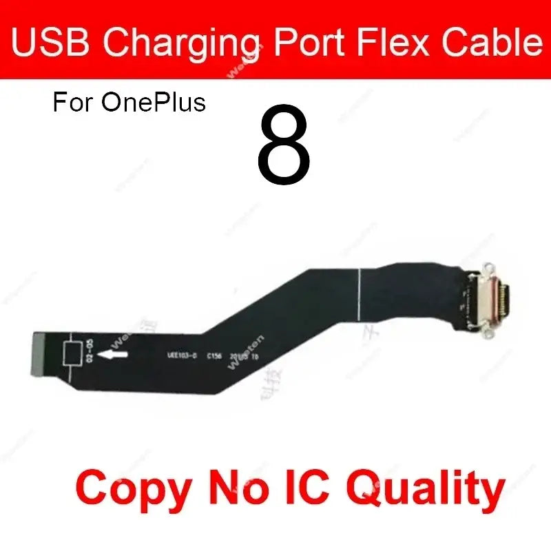 Black usb charging flex cable for oneplus 8 with metallic connector and printed circuitry for usb charging flex use