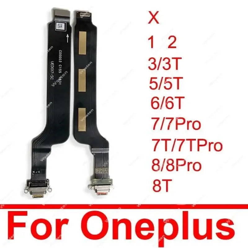 Black usb charging flex cable with gold connectors and printed labels for oneplus smartphones designed for usb charging