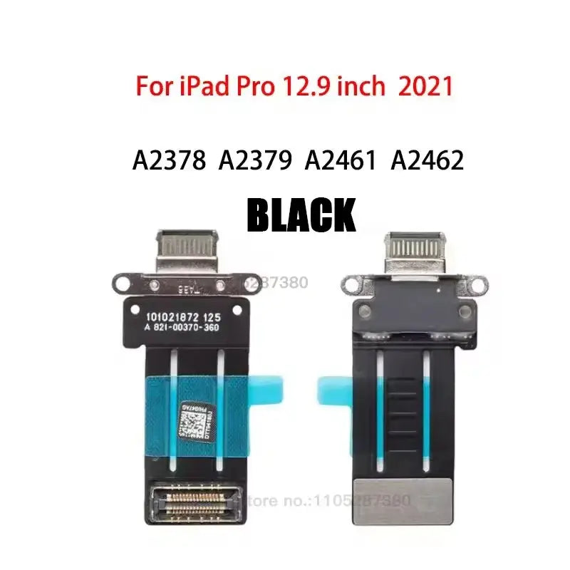 Black usb-c charging port flex cable for ipad pro 12.9 inch 2021 with blue adhesive strips and metallic connectors for usb charging