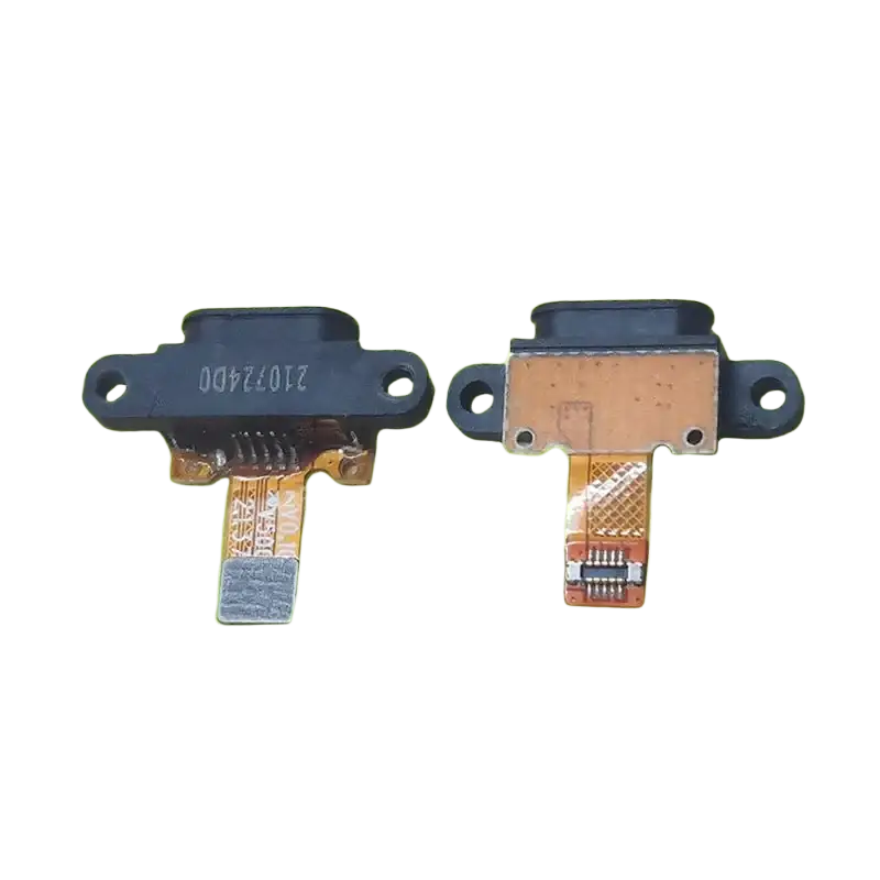 Black plastic usb charging port board with orange flexible circuit and metallic contacts for caterpillar cat s41 s42