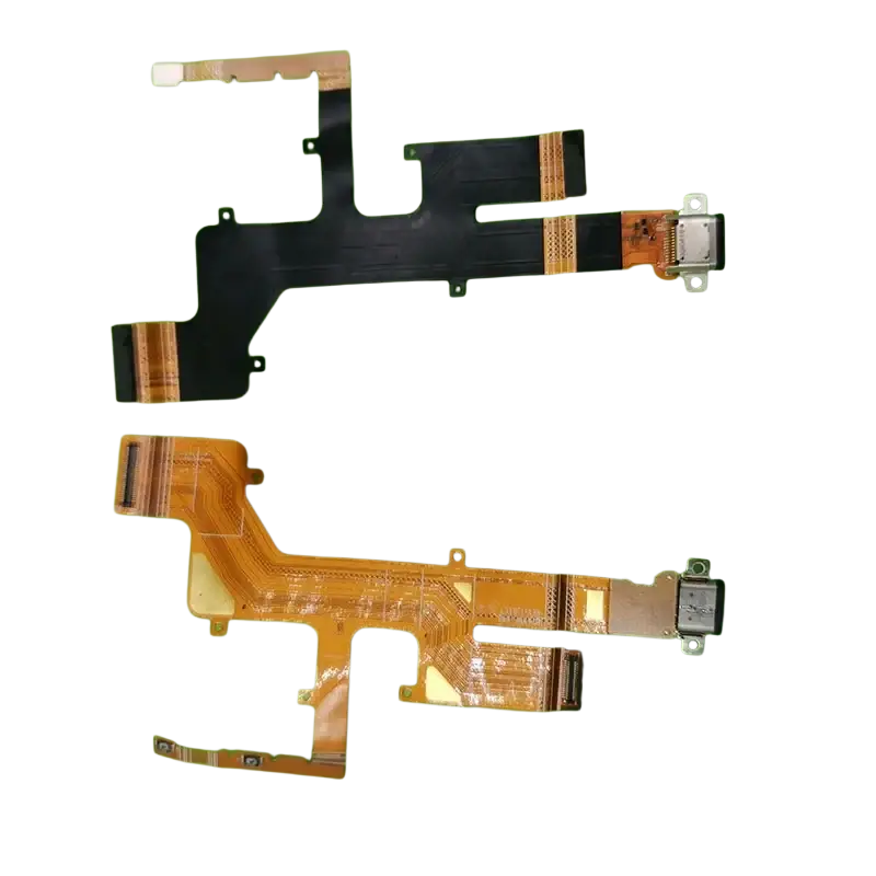 Two flexible usb charging port boards for caterpillar cat s41 s42 in black and gold with visible copper traces