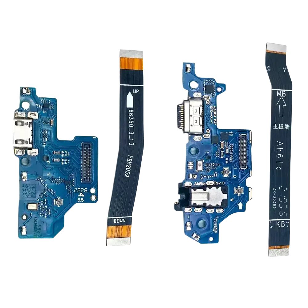 Blue usb charging port flex cable with usb-c and ribbon cable for lg k51s circuit board back side view