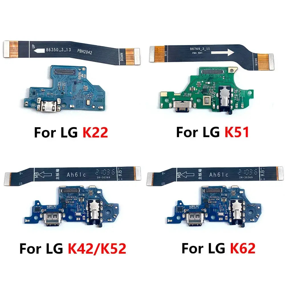 Blue and green usb charging port flex cables for lg k41s k50s k51s models with labeled circuit boards