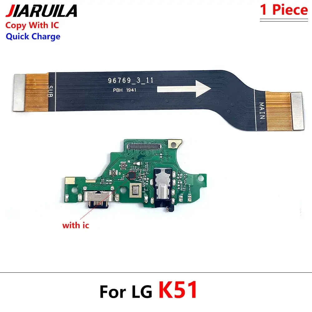 Green circuit board usb charging port flex cable with integrated black flex cable labeled for lg k41s k50s k51s models back side