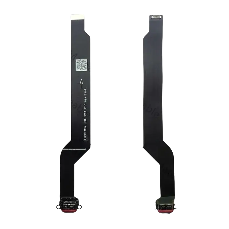 Black flexible usb charging port flex cable for Nothing Phone 1 with printed specifications on the connector usb charger ribbon