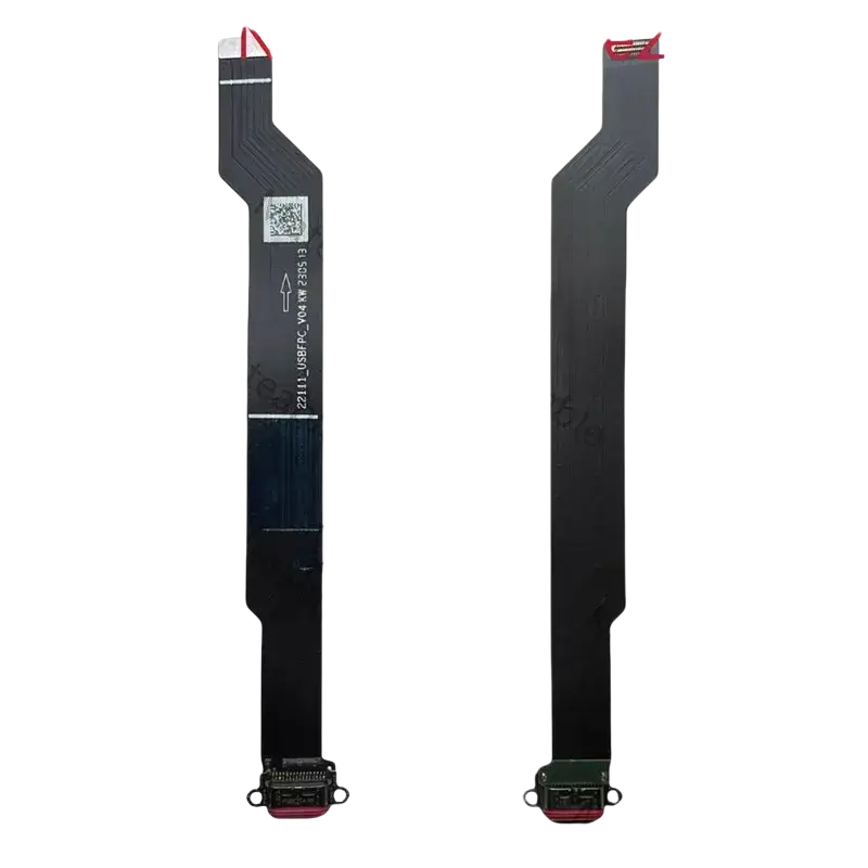 Black flexible usb charging port flex cable with red connectors and printed serial numbers for Nothing Phone use