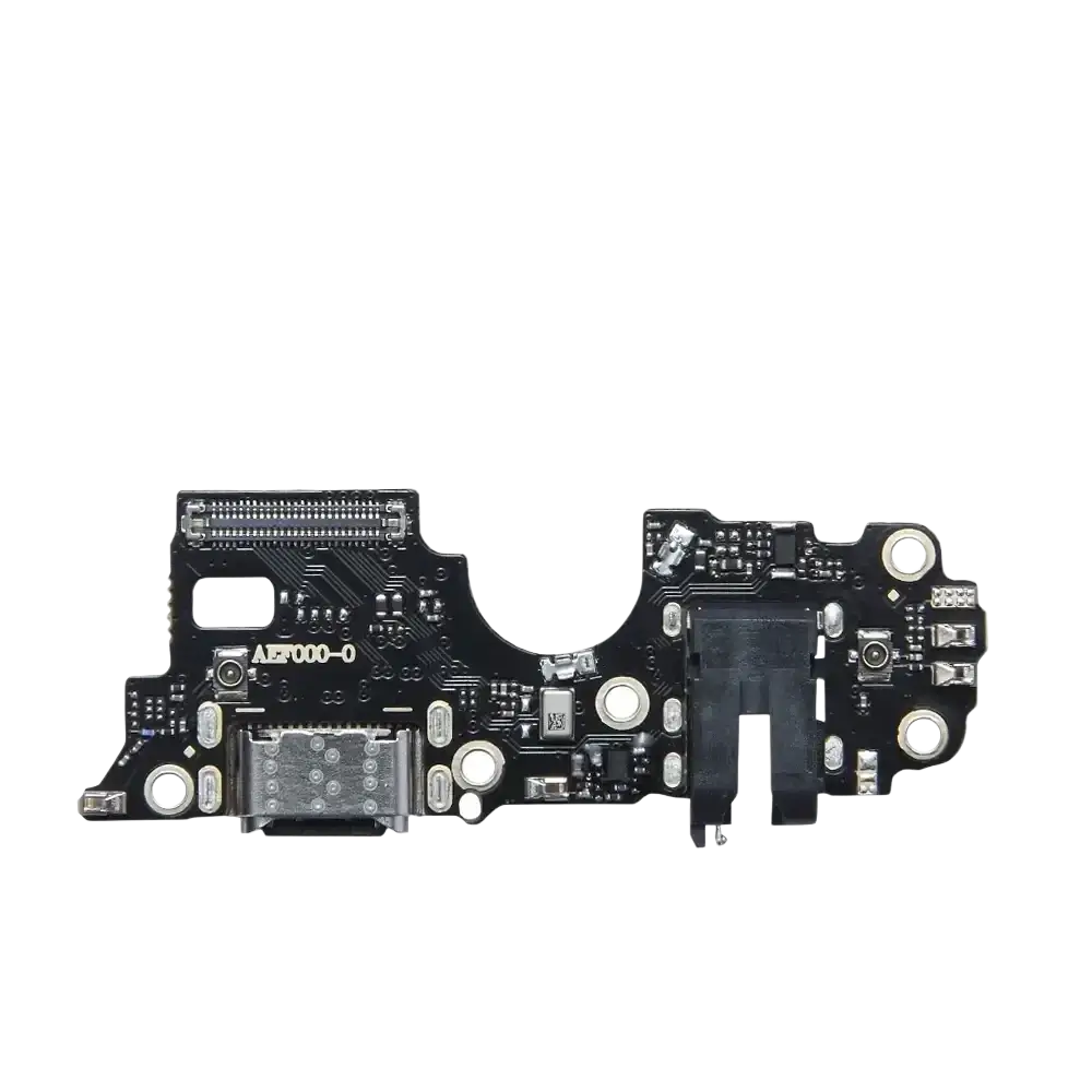 Black charging port board flex cable with silver contacts and printed circuitry for oneplus nord usb charging port