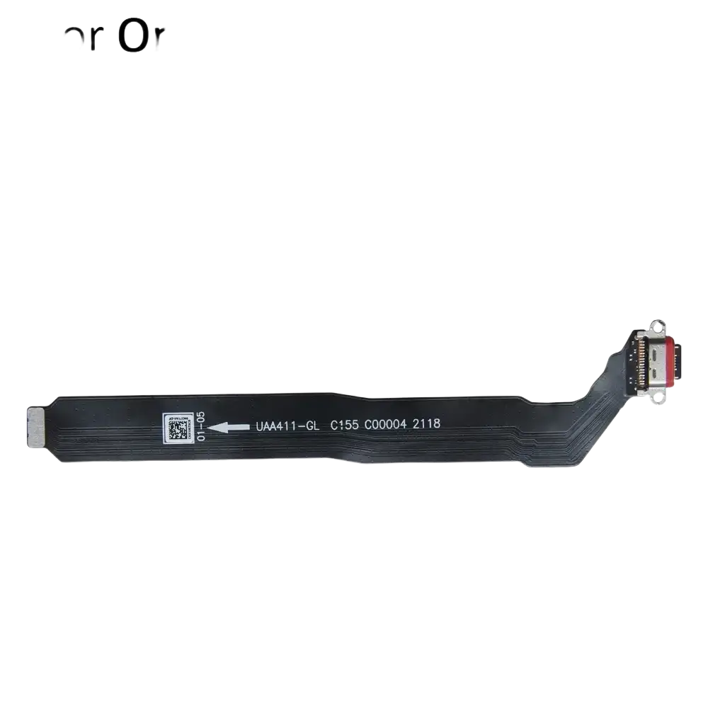 Black usb-c flex cable with printed serial numbers and qr code for oneplus nord charging port board flex
