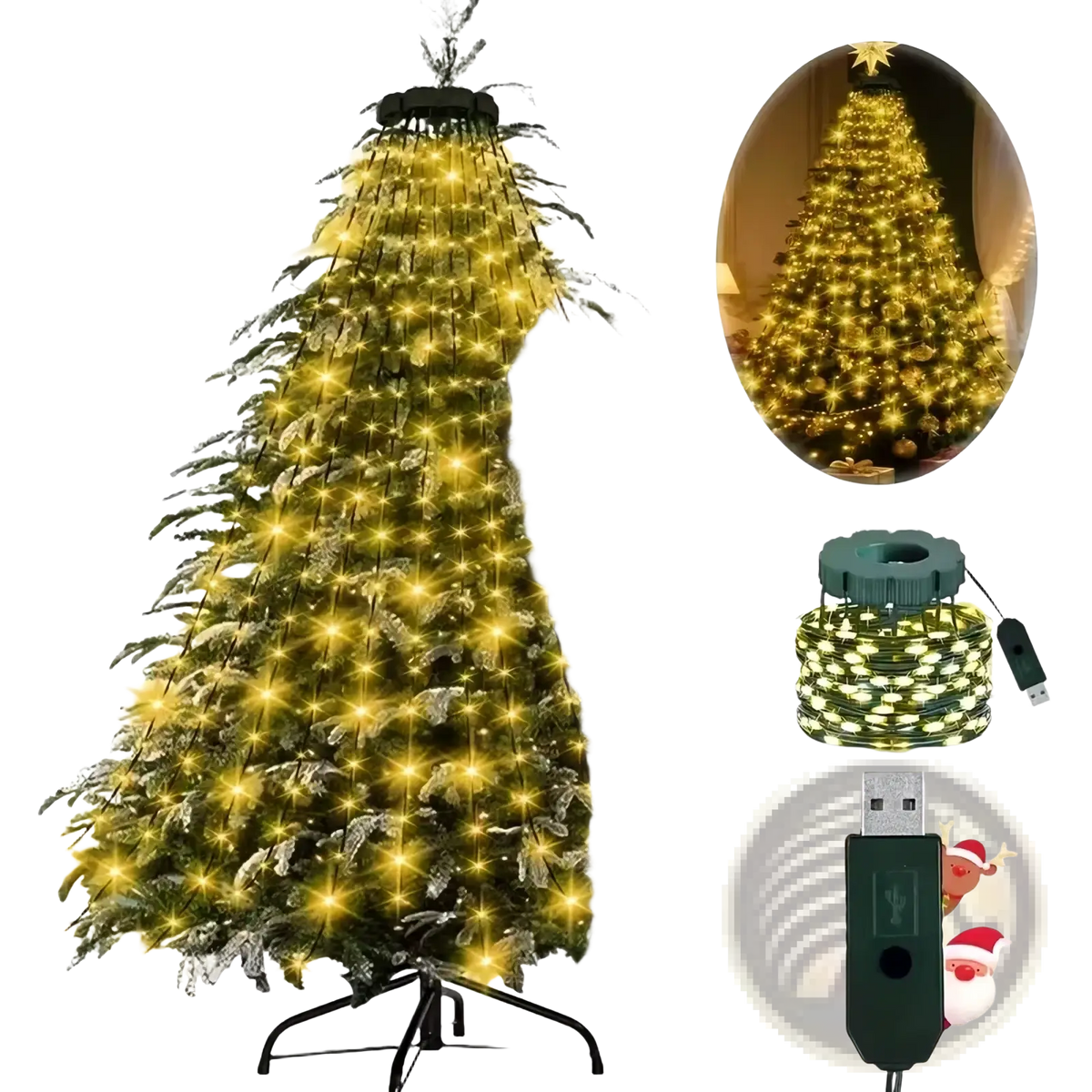Usb christmas tree decoration light featuring festive golden led string lights with usb powered rechargeable compact spool