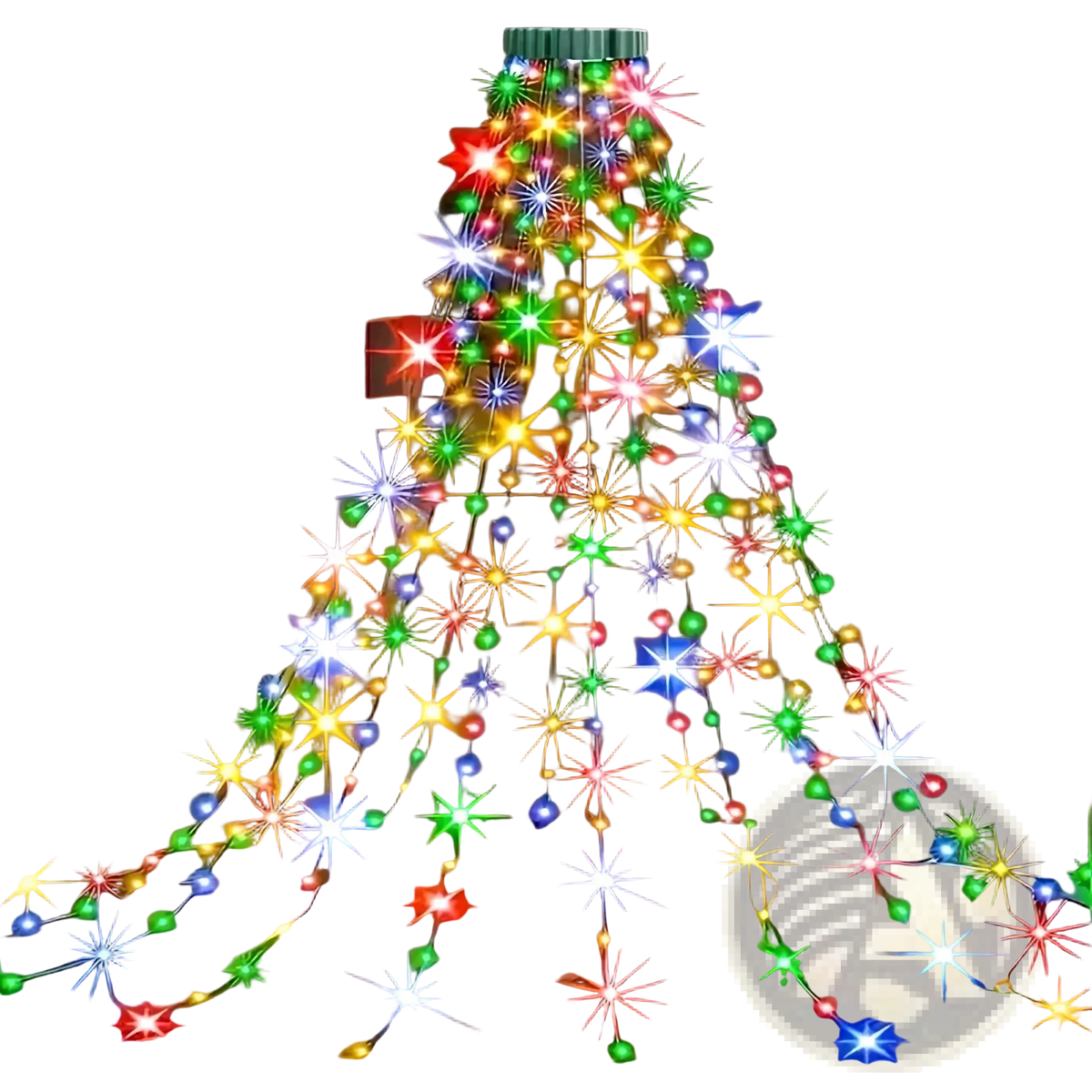 Usb christmas tree decoration light featuring multi-colored led starburst designs with green top cap for indoor outdoor use