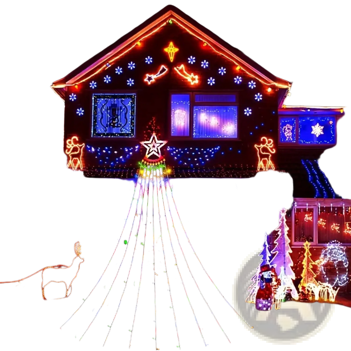 Usb christmas tree decoration light with vibrant multi-colored led cascade and star topper for indoor outdoor use