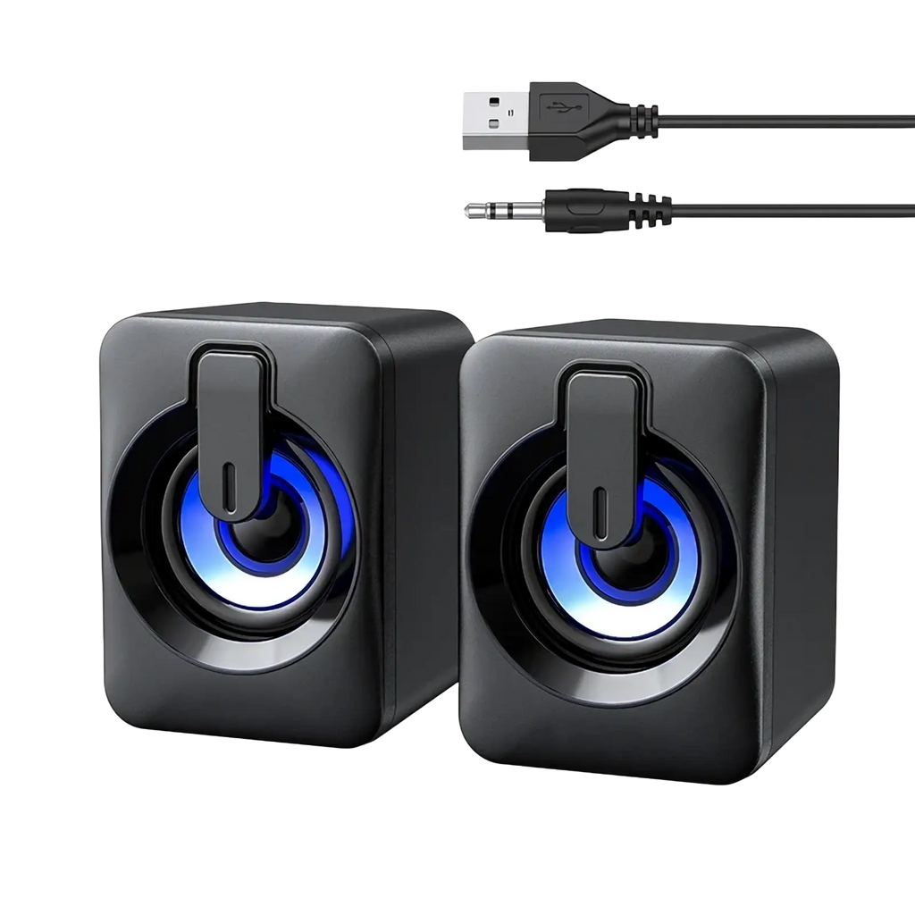 Black cube shaped usb computer speakers with led lights featuring glowing blue circular rings around drivers