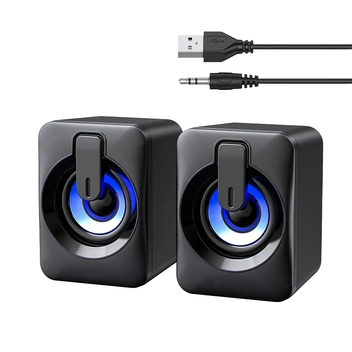 Black cube shaped usb computer speakers with led lights featuring glowing blue circular rings around drivers