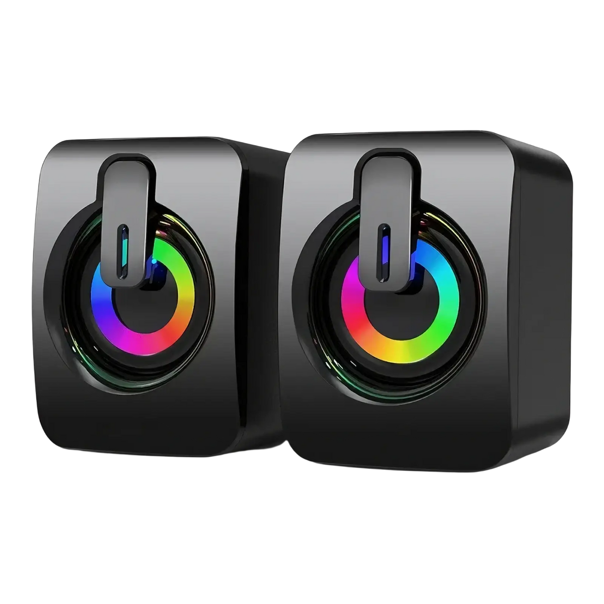 Usb computer speakers black cube shaped with rgb led colorful circular light rings and sleek modern design