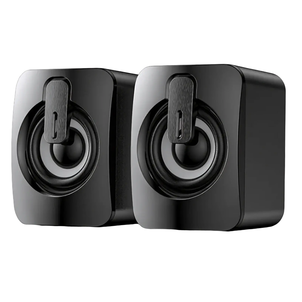 Usb computer speakers with led lights black glossy finish square design and integrated front handle for easy portability