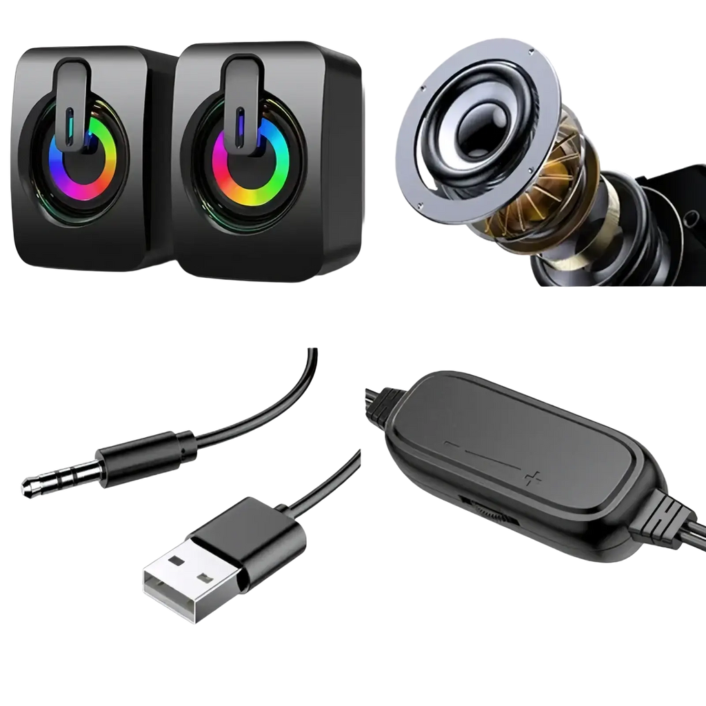 Usb computer speakers with black high gloss finish 50mm full band drivers and rainbow led lighting
