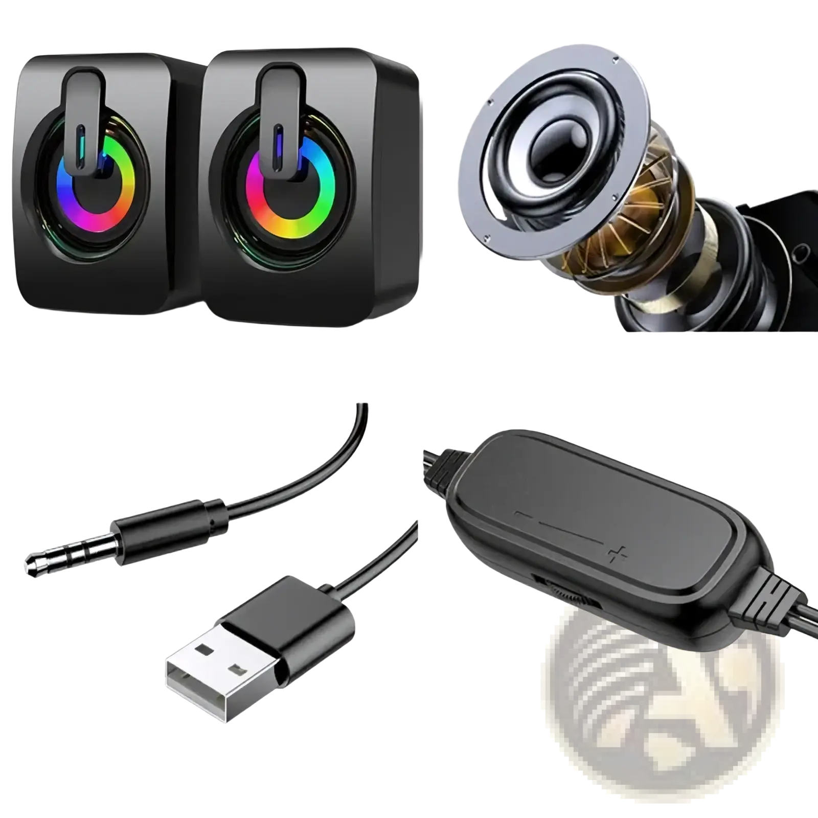 Usb computer speakers with black high gloss finish 50mm full band drivers and rainbow led lighting