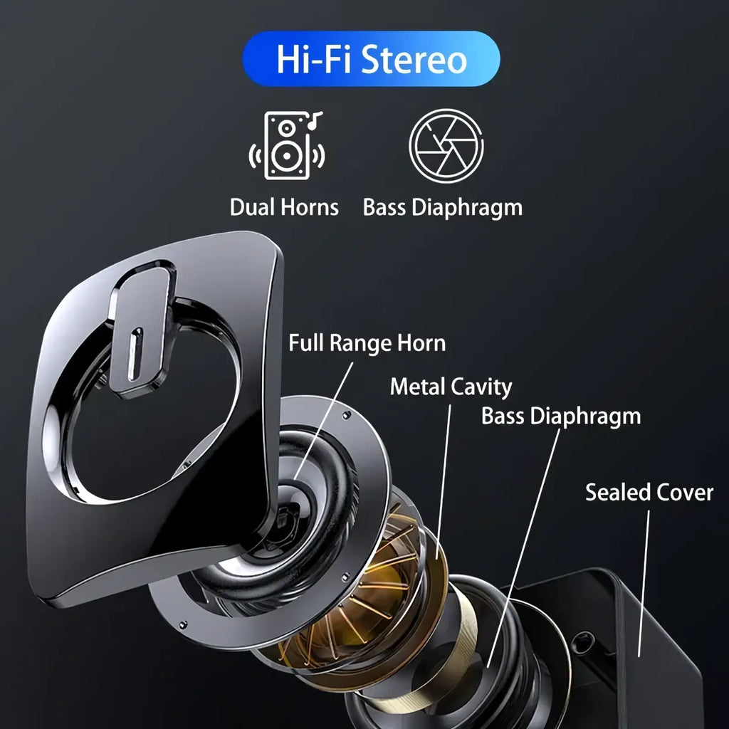Black metallic usb computer hi-fi stereo speakers with dual horns bass diaphragm and led lights design
