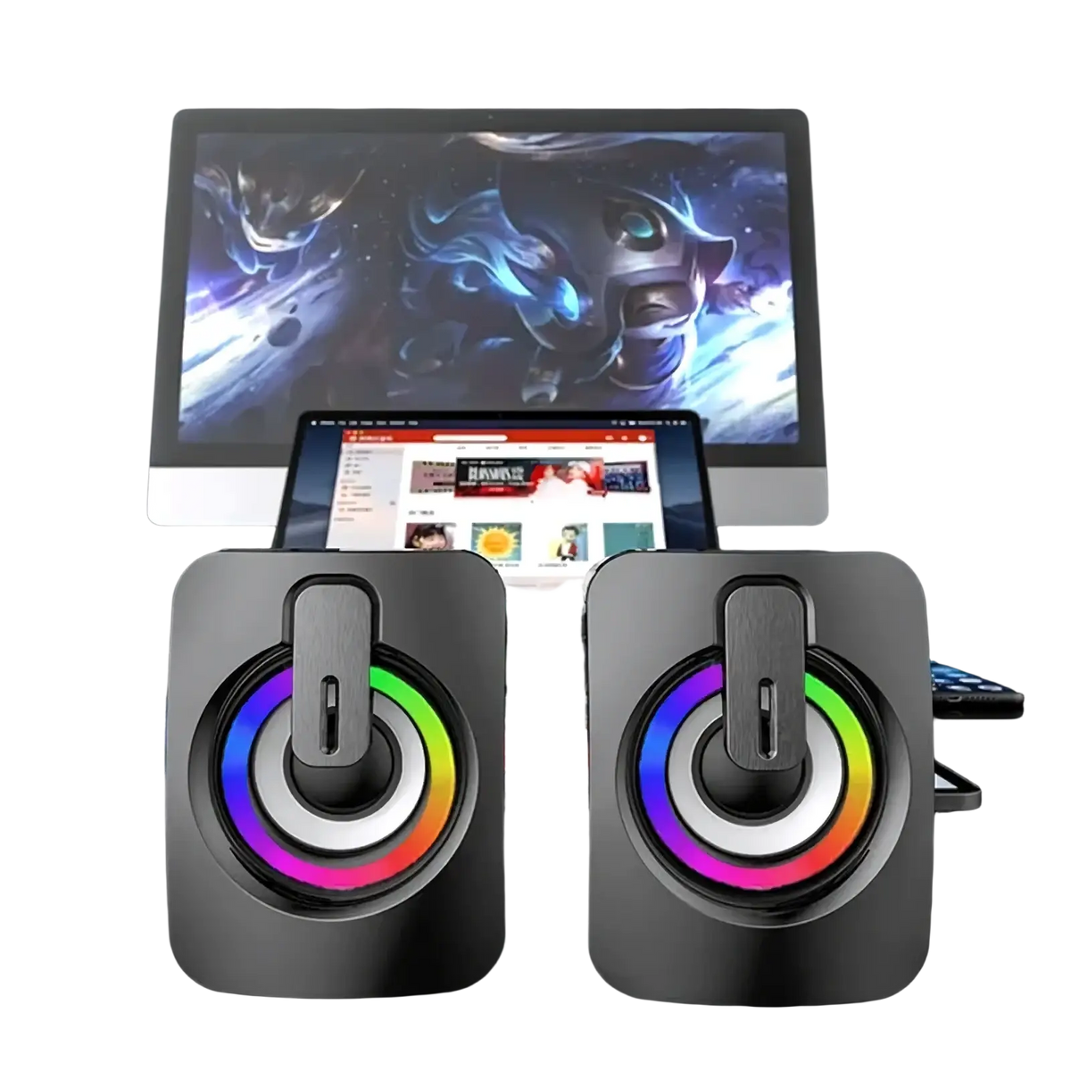 Black rectangular usb computer speakers with circular rgb lighting rings and vertical control sliders
