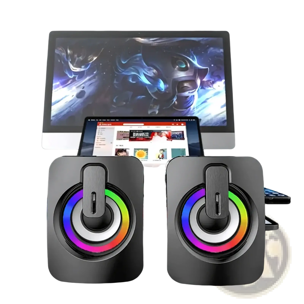 Black rectangular usb computer speakers with circular rgb lighting rings and vertical control sliders