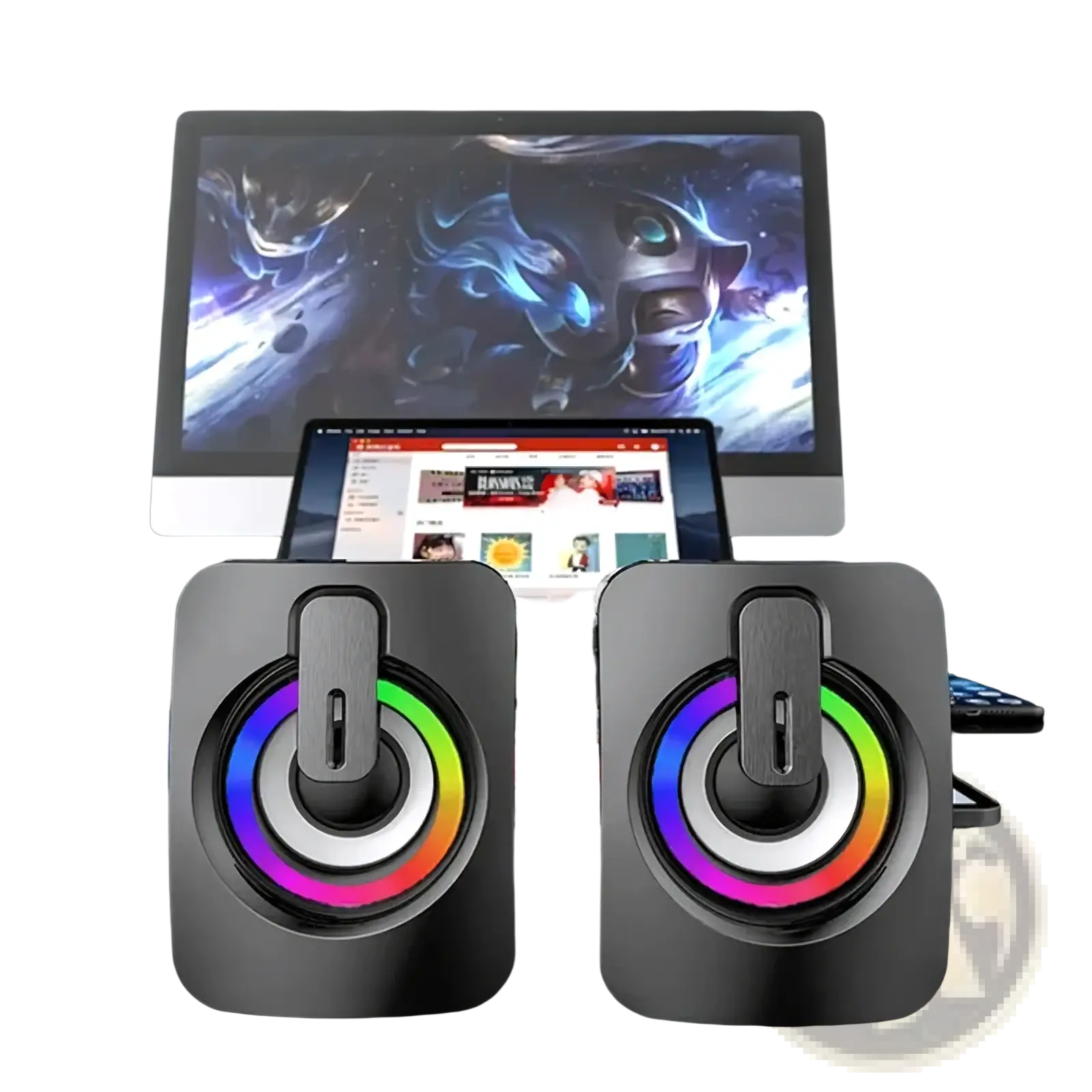 Black rectangular usb computer speakers with circular rgb lighting rings and vertical control sliders