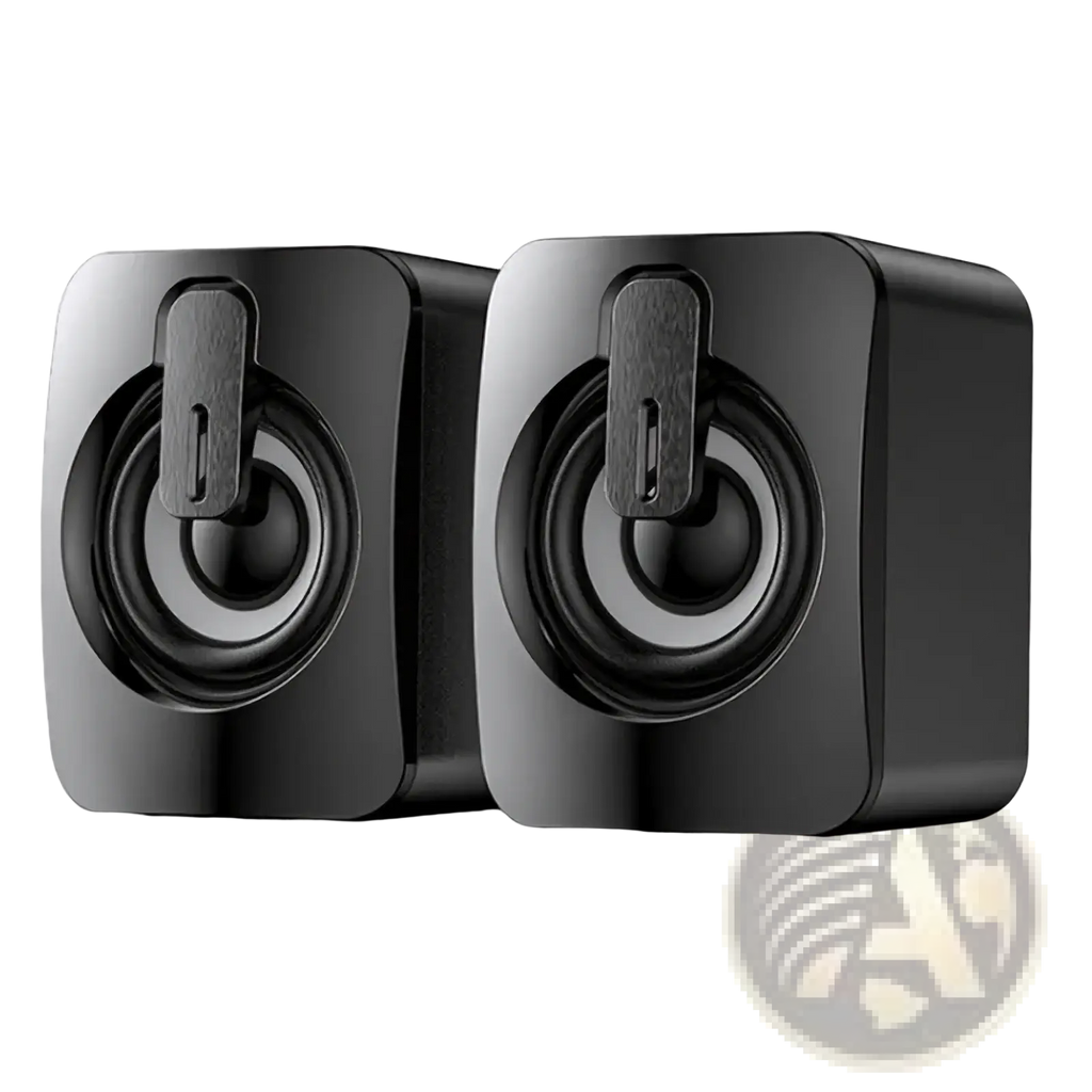 Usb computer speakers with led lights black glossy finish square design and integrated front handle for easy portability