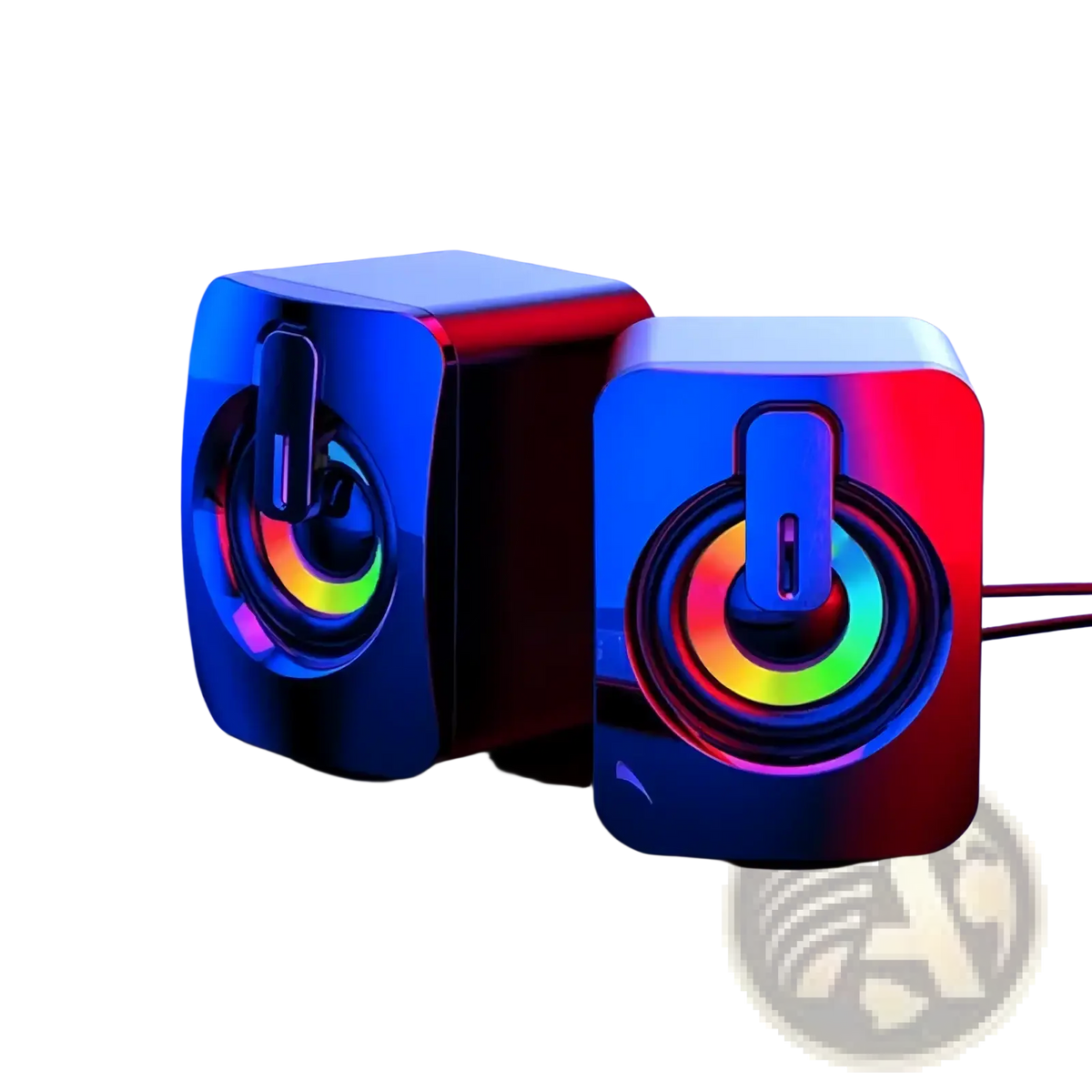 Usb computer speakers with led lights showing compact cube shape, vibrant rainbow illumination, and glossy metallic finish