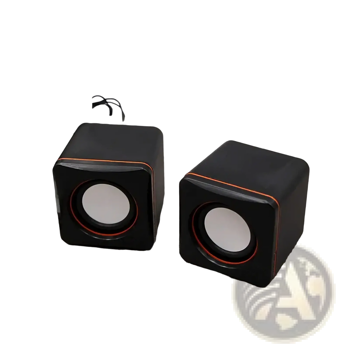 Black cube-shaped usb computer speakers with orange trim and led stereo audio for desktop pc use