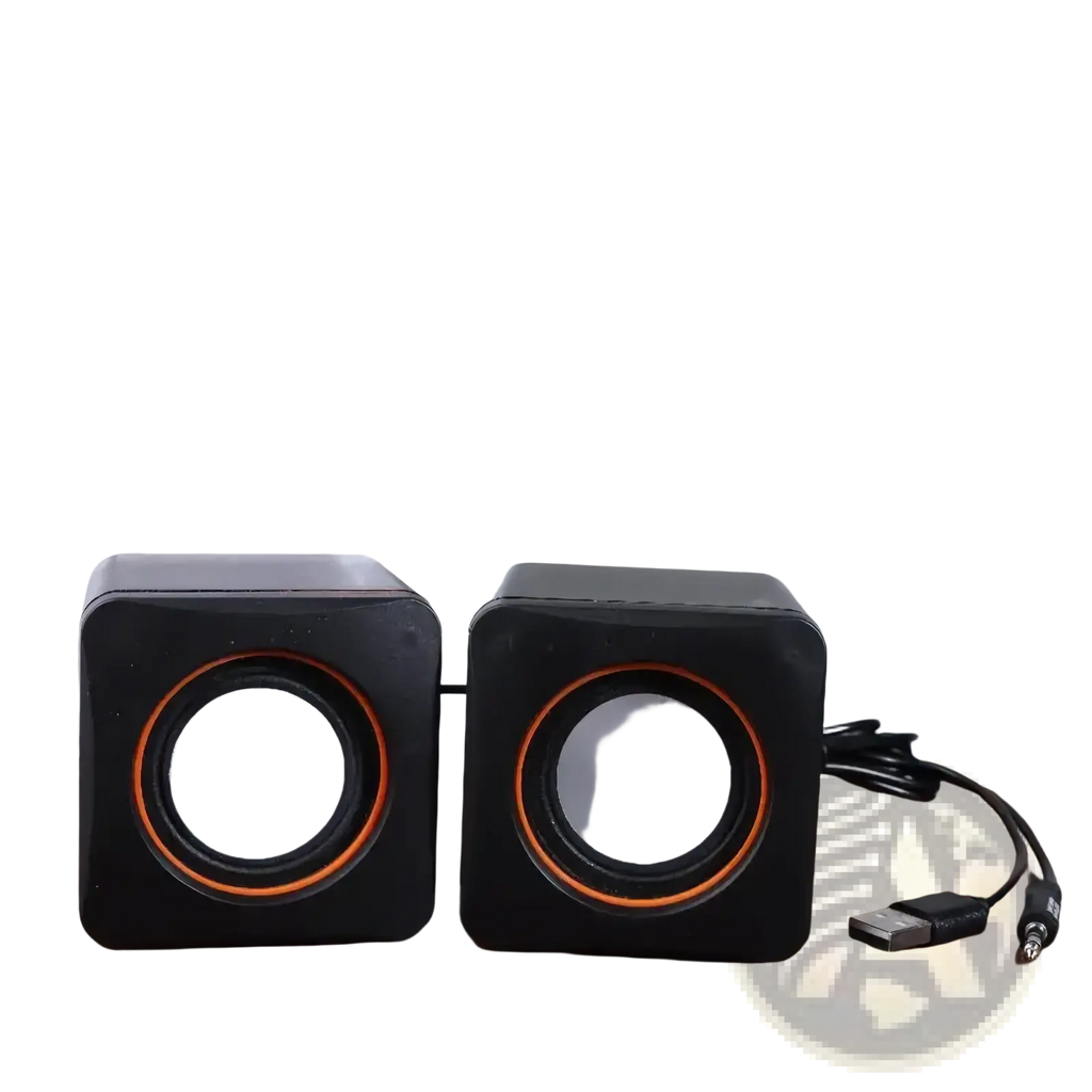 Usb computer speakers led stereo desktop pc audio black cube-shaped with orange-accented circular drivers and usb cable