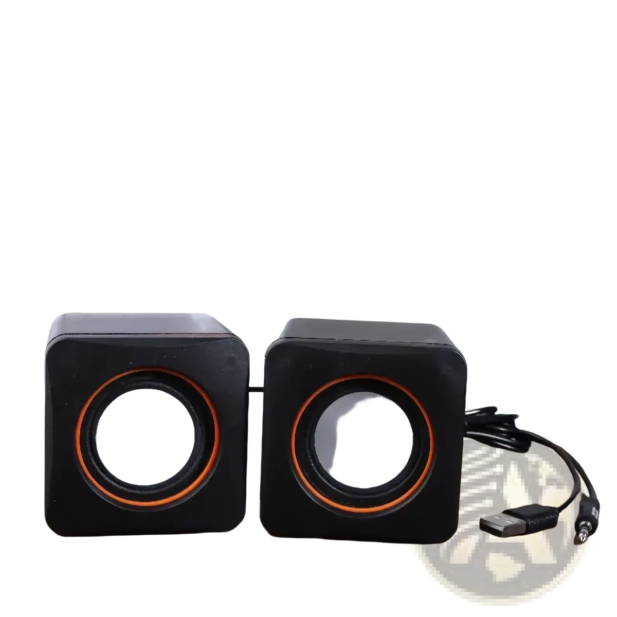 Usb computer speakers led stereo desktop pc audio black cube-shaped with orange-accented circular drivers and usb cable