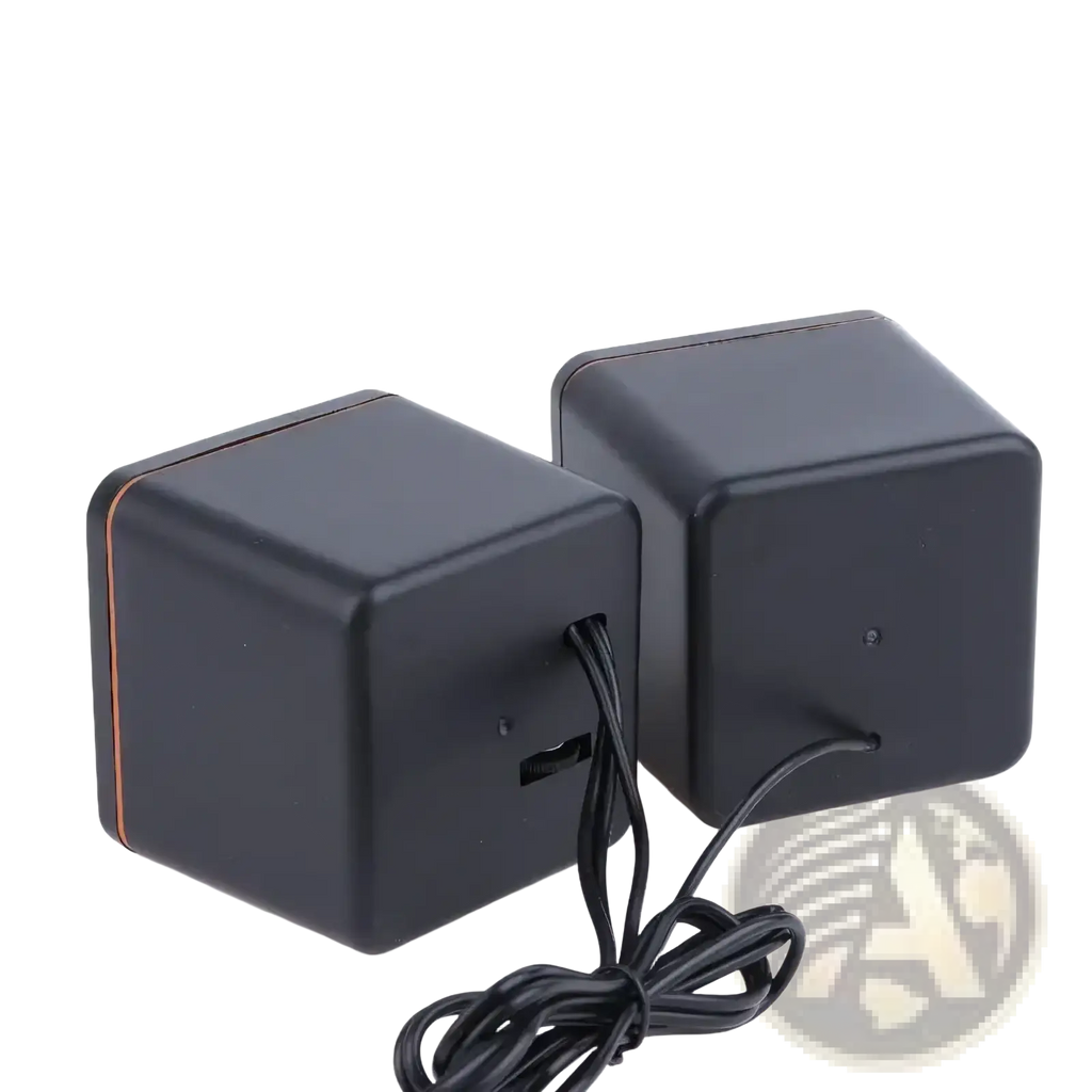 Usb computer speakers led stereo desktop pc audio black cube shaped with matte finish and copper trim edges