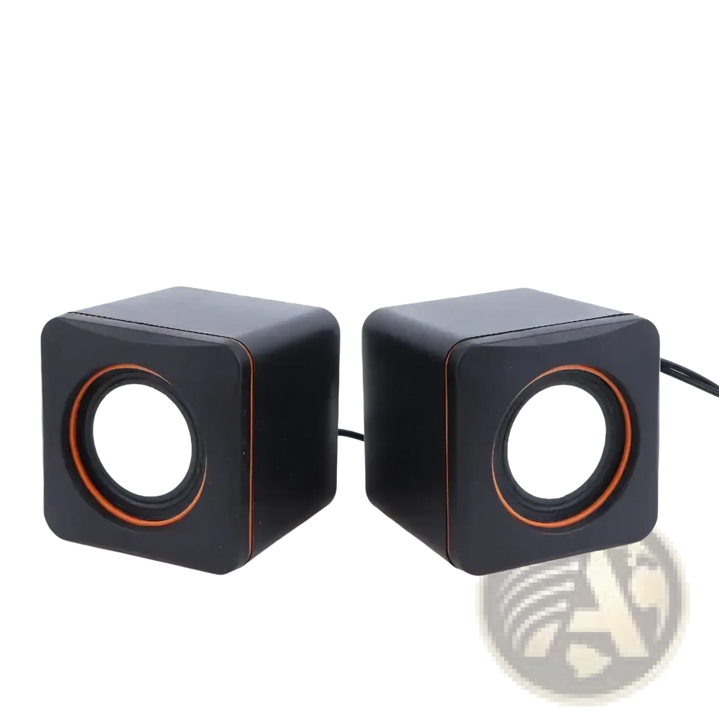 Black cube-shaped usb computer speakers with orange-accented circular drivers and led stereo audio for desktop pc use