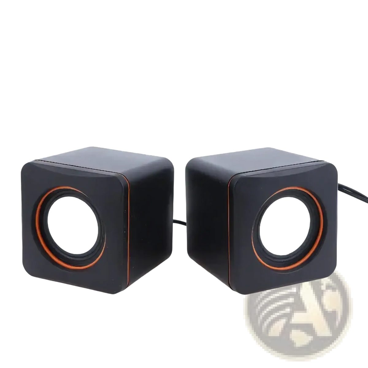 Black cube-shaped usb computer speakers with orange-accented circular drivers and led stereo audio for desktop pc use