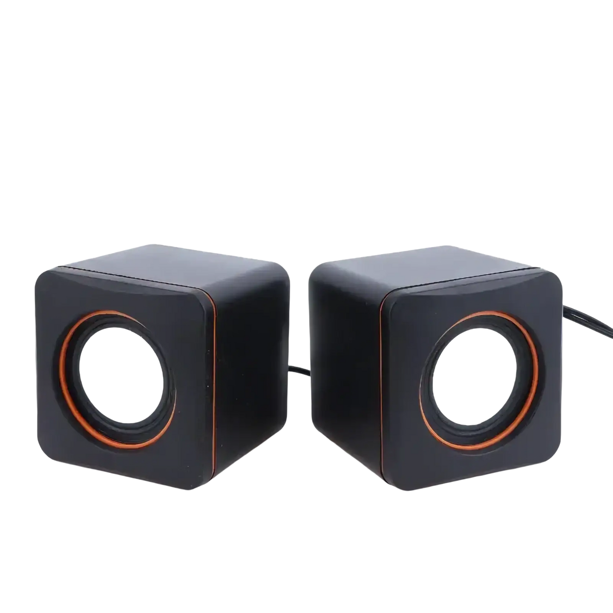 Black cube-shaped usb computer speakers with orange-accented circular drivers and led stereo audio for desktop pc use
