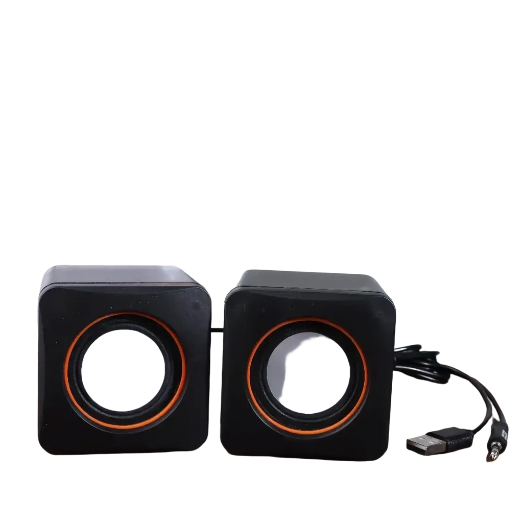 Usb computer speakers led stereo desktop pc audio black cube-shaped with orange-accented circular drivers and usb cable
